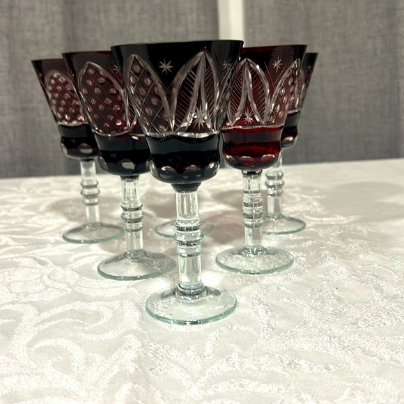 Six Vintage 6 ounce Jewel Cut Bohemian Blood Red Crystal Cordial Glasses. Lovely - Picture 4 of 8